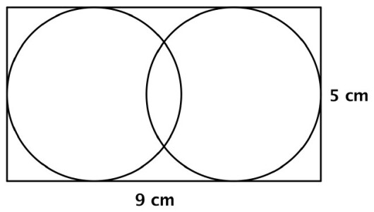 Rektangel på 9 cm ganger 5 cm. To sirkler med radius 2,5 cm innskrevet i rektangelet.